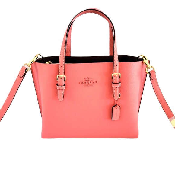 Coach CV966 Leather Tonal Hardware Mollie 25 Tote Satchel Handbag Bright Coral - Picture 2 of 8